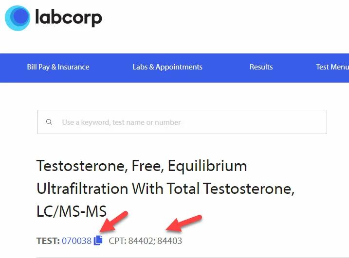 LabCorp Testosterone total and free code.webp